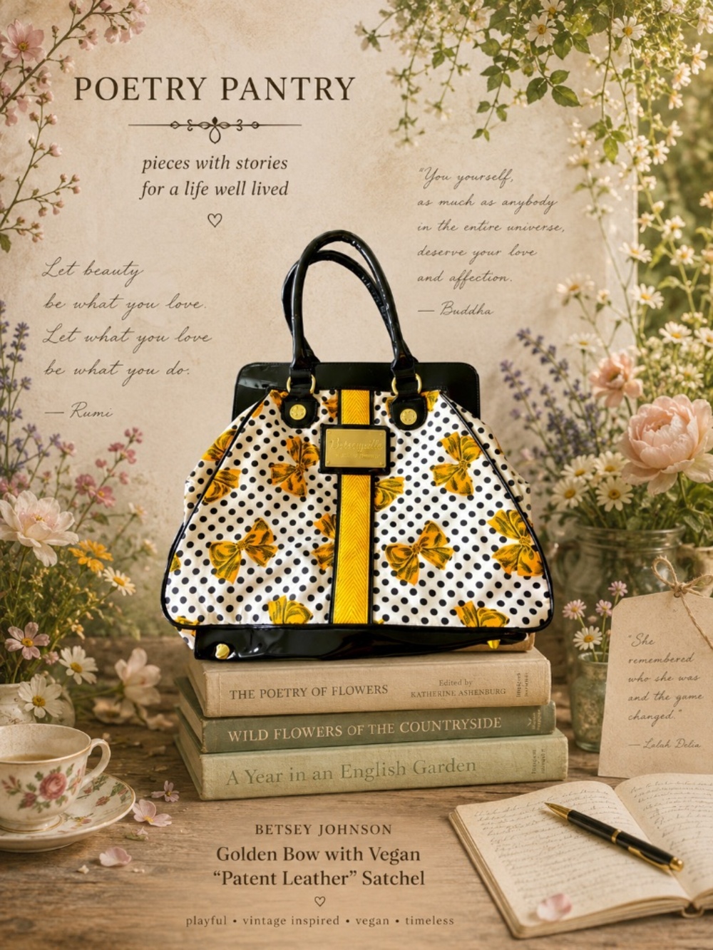 Betsey Johnson Golden Bow with Vegan “Patent Leather” Satchel ✨💫🎀